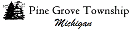 image that says "Pine Grove Township Michigan" and an image of two black pine trees and clouds